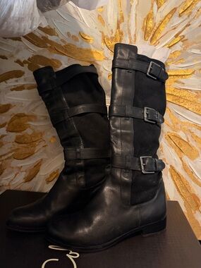 Cole Haan Black Mid-Calf Buckle Heeled Boots
